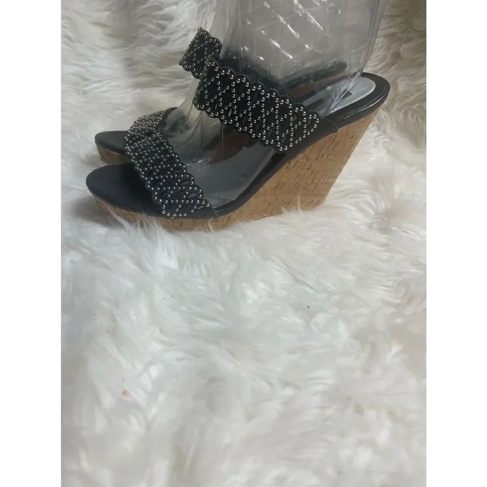 White House Black Market Black Studded Cork Wedge SandalsSZ9